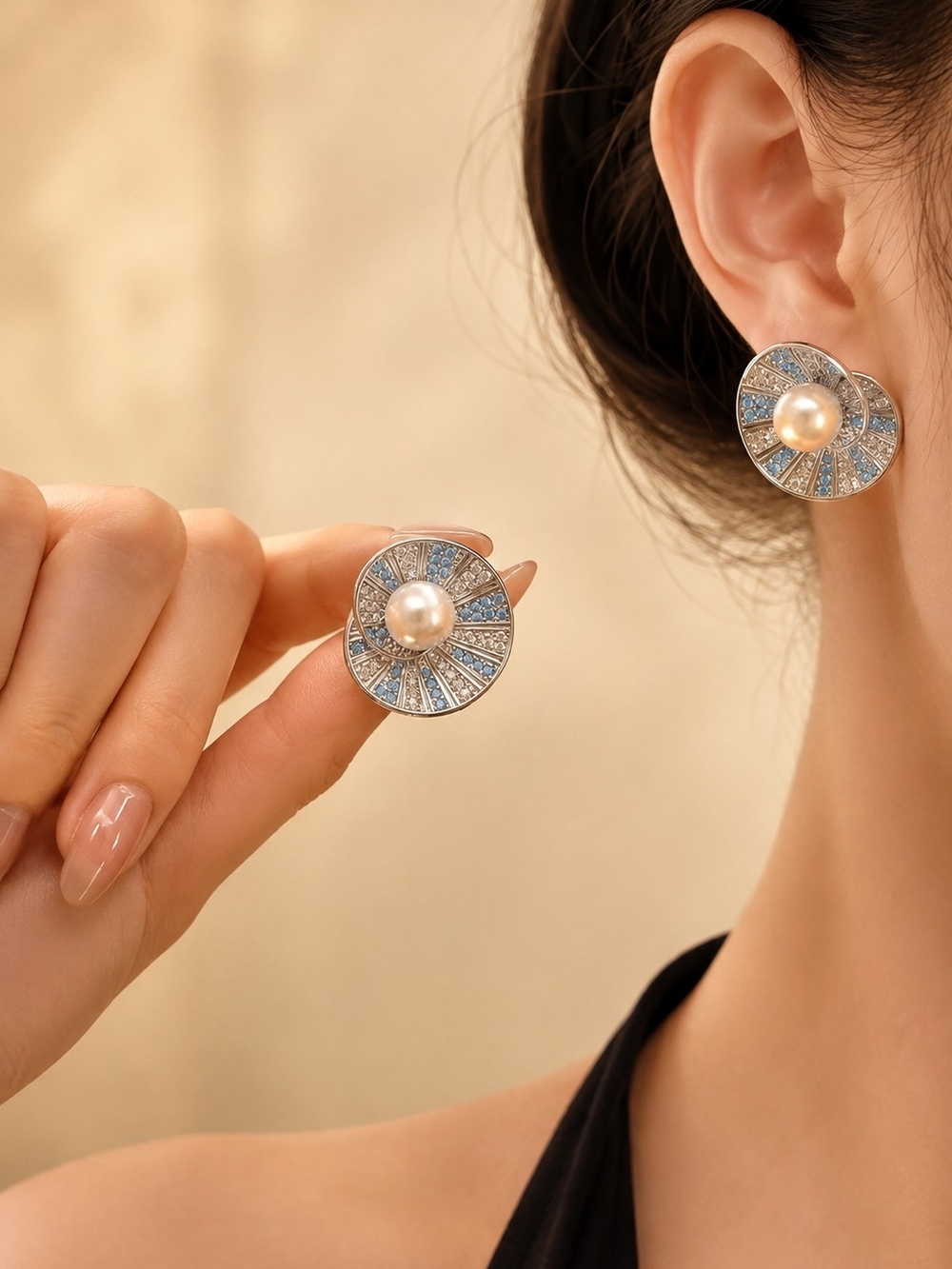 Sterling Pearl & Crystal Round Stud Earrings in Light Blue